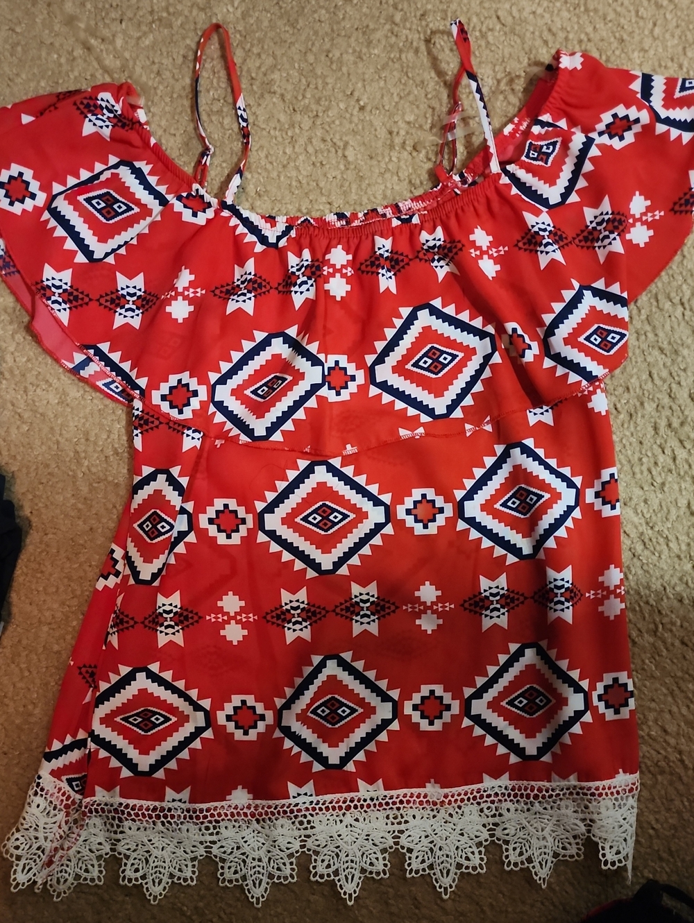 No Boundaries Red Aztec Off-Shoulder Camisole with White Lace Trim